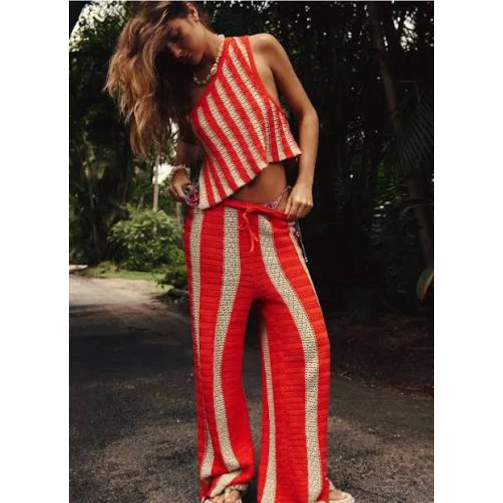 NEW FREE PEOPLE FREE-EST ORANGE TAN COMBO FREE-EST JOAN FAUXCHET PANTS TOP SET L